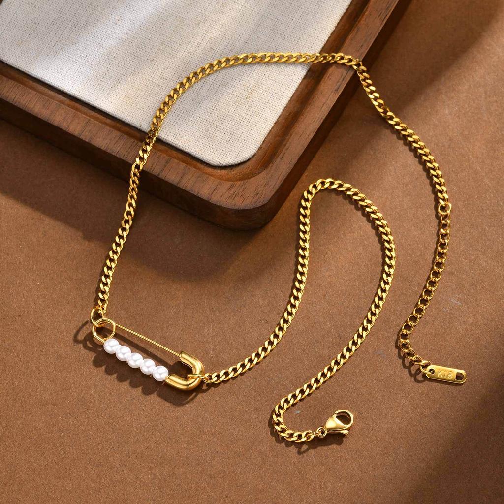 Niche Design Pin Pearl Necklace French Trend Fashion Stainless Steel Collarbone Chain Female Nc-2563