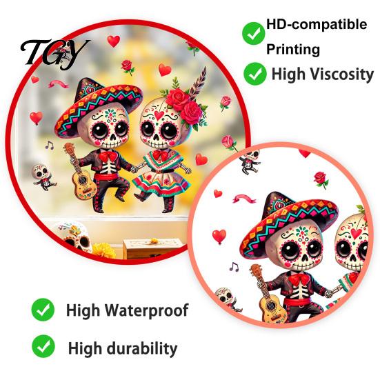 Decorative PVC Static Clings Halloween Cartoon Skeleton Couple Window Stickers, Waterproof Day of The Dead Decals, Traditional Mexican