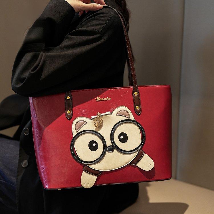 Women'S Large Capacity Red Tote Bag With Cute Panda Face Heart Cutouts Casual Outing Bridal Party Accessory Playful Design Fashion Handbag Lovers