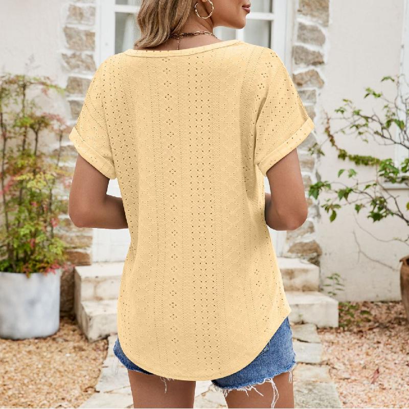 2026 Summer New Hollow-Out Round Neck Short Sleeve Women's Casual Solid Color T-Shirt