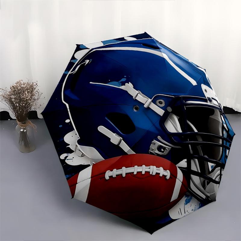 1pc Blue Football Helmet Pattern Practical Umbrella, Fashionable, Personalized, High-Value Folding Umbrella, a Must-Have for Summer, 8-Rib Durable Iro