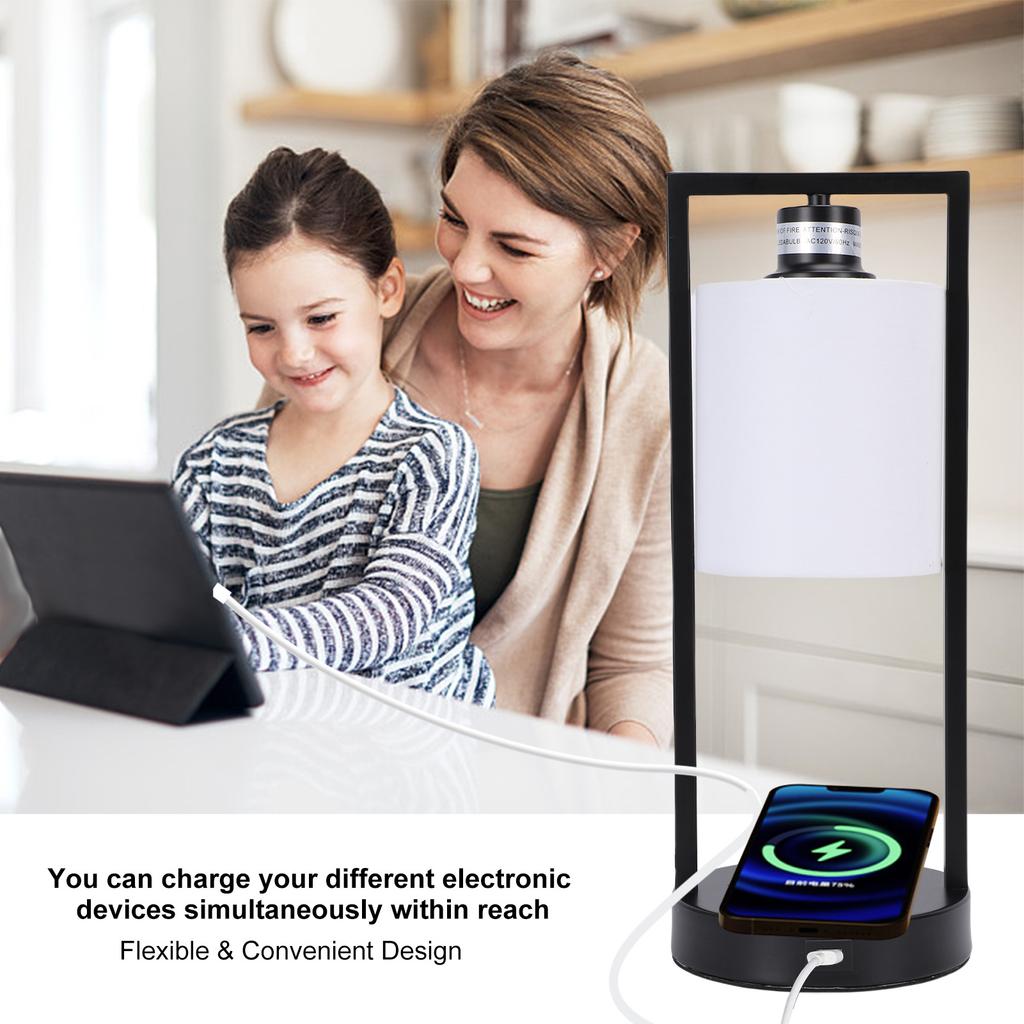 Bedside Light Touch Control Table Lamp with Smartphone Wireless Charging 3 Adjustable Brightness Levels USB Port Fabric
