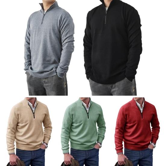 Yousheng Men Sweater Coat Half Zipper Knit Elastic Long Sleeves Stand Collar Outerwear Plus Size English Style Daily Wear School Mid Length Sweater
