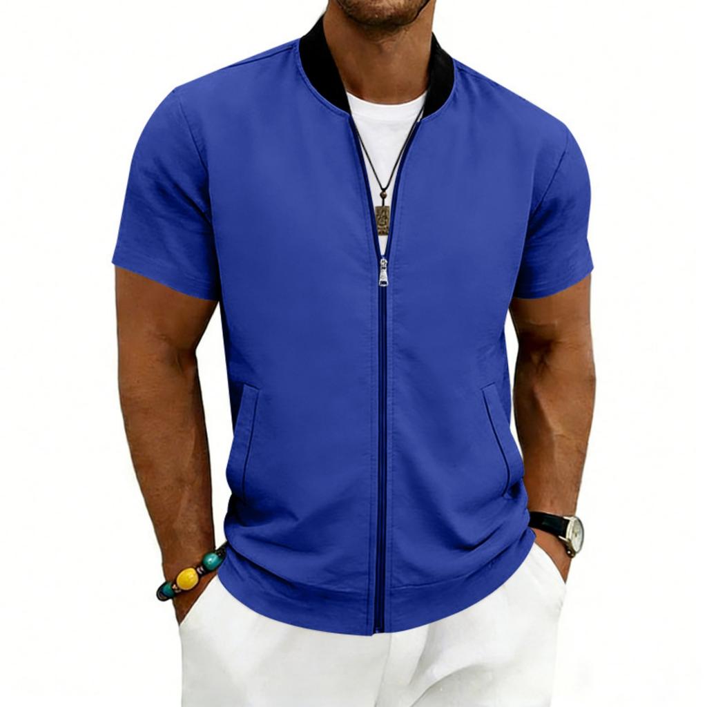 Men Short Sleeve Jacket Lightweight Zipper Front Casual Stand Collar Outerwear for Summer Spring Fall
