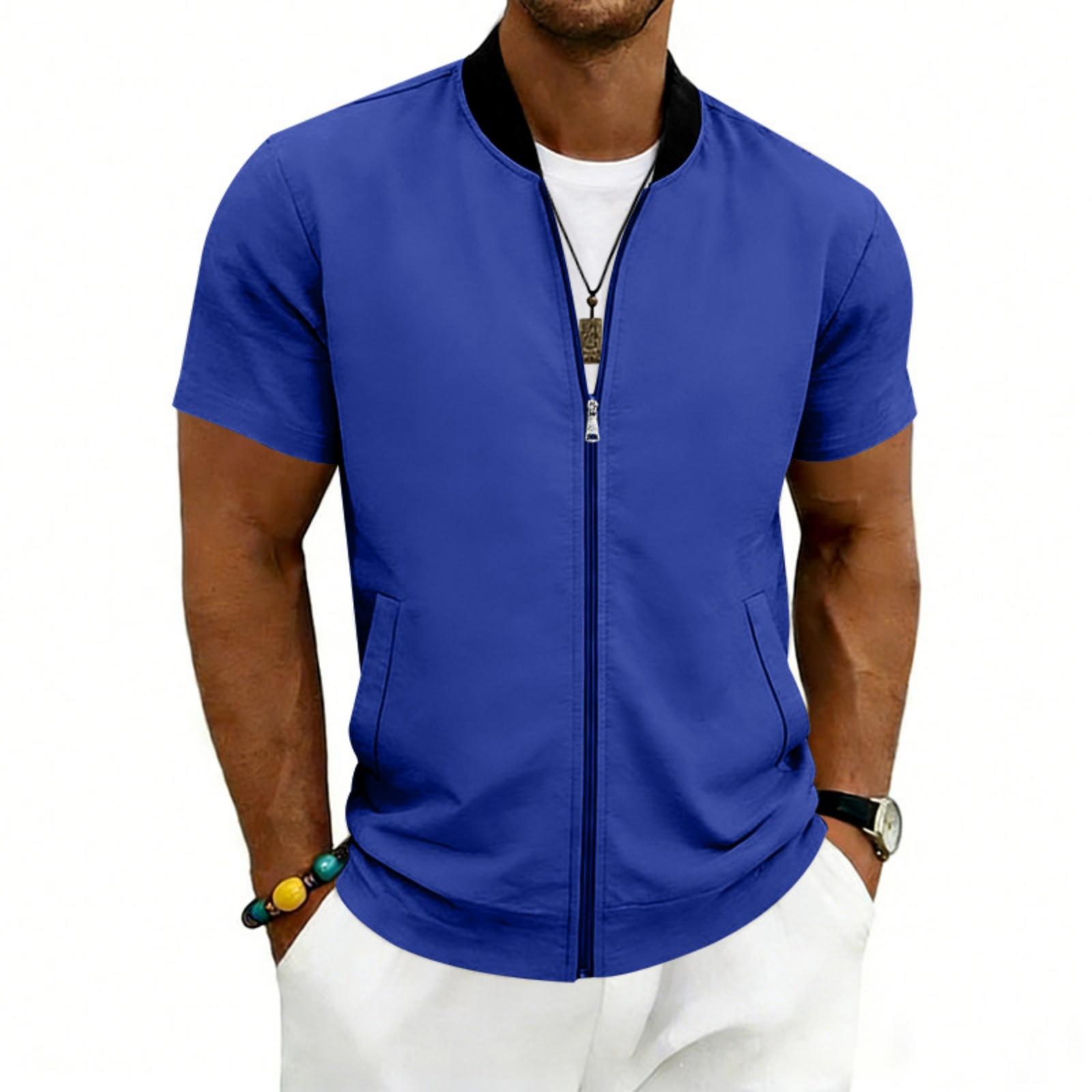 

Men Short Sleeve Jacket Lightweight Zipper Front Casual Stand Collar Outerwear for Summer Spring Fall L синий