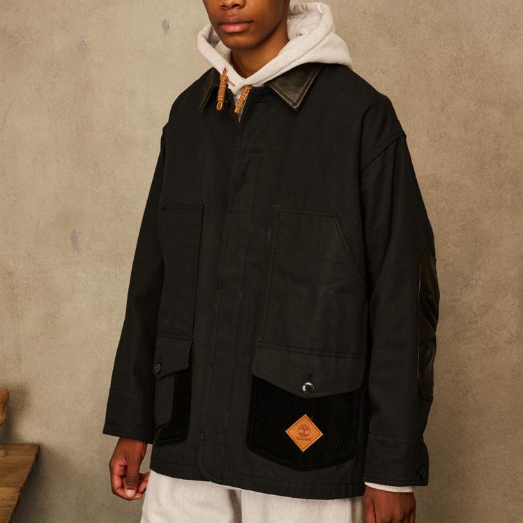 Timberland FW23 3 Series Corduroy Patchwork Leather Collar Work Jacket Unisex Jackets Black A6UF2-001