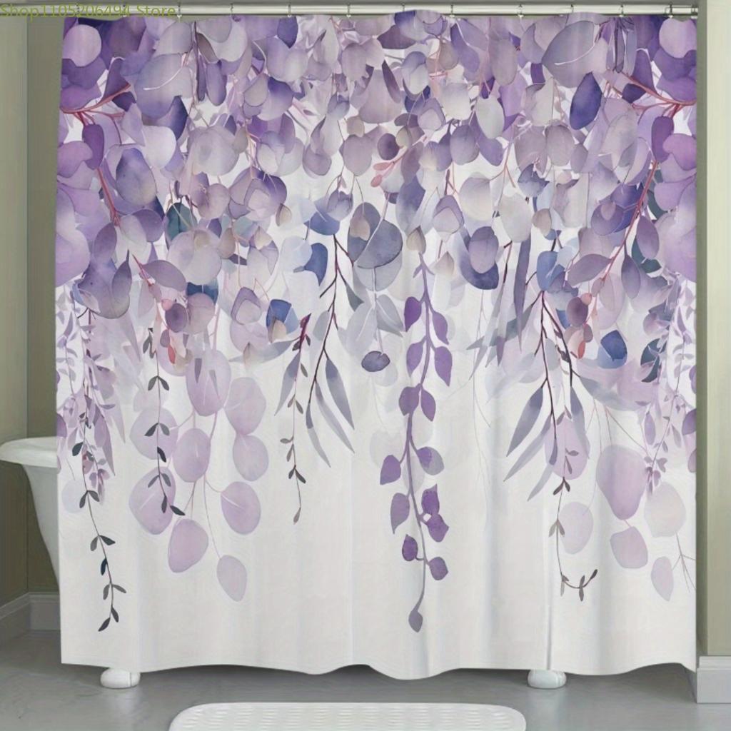 1pc Purple Leaf Print Watercolor Shower Curtain - Floral Botanical Bathroom Decor with Hooks, Machine Washable Polyester Fabri