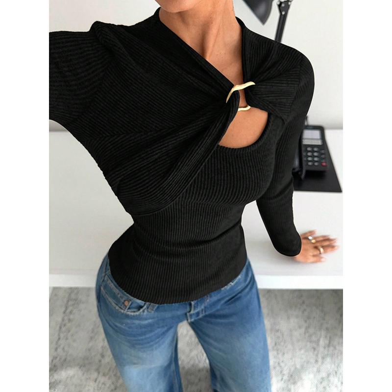 Hollow Metal Buttons Long-sleeved T-shirt Female Solid Slim Pullover Bottoming Shirt Fashion Spring Female T Shirts