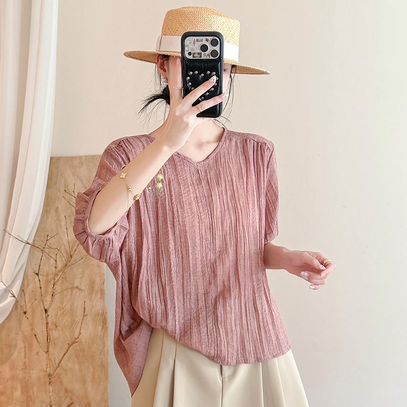 DIMANAF 2026 Summer New Plus Size Women Blouse Shirt Vintage Embroidery Loose Cotton Linen Casual Lady Tops