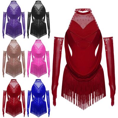 Girls Latin Dance Leotard Ruched Mesh Design with Tassel Glitter Rhinestones and Mesh Gloves