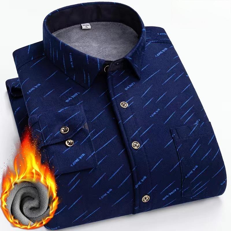 Men's Fleece Lined Plaid Shirt, Long Sleeve Button-Up Square Collar Shirt, Regular Fit Thermal Winter Pocket Detail Top