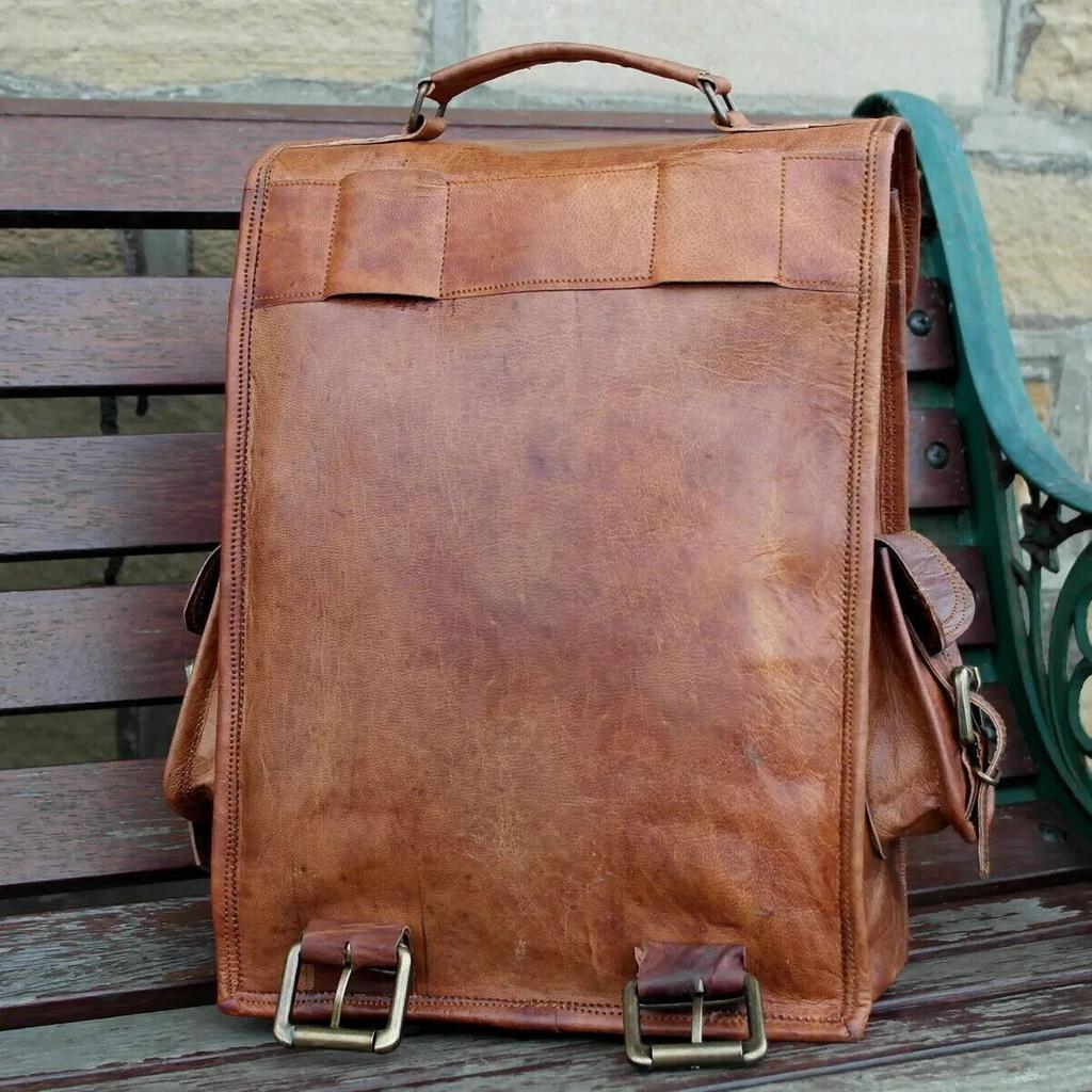 New Genuine Brown Men's Leather Goat Bag Laptop Rucksack Vintage Travel Backpack