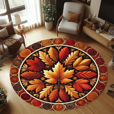 Autumn Leaf Mandala Rug Round Fall Botanical Rug, Fall Area Rug Leaf Mandala Leaf Pattern Carpet Round Leaf Rug Leaves Round Rug