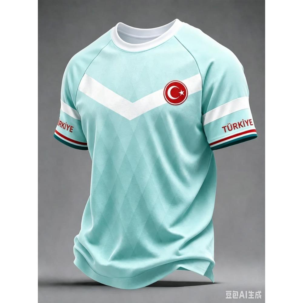 Türkei Fußballtrikot Rot Vollprint TÜRKIYE Halbmondstern Abzeichen Goldene Linie Ärmelmanschette Sportfan Kurzarm Unisex Oberteile Kleidung