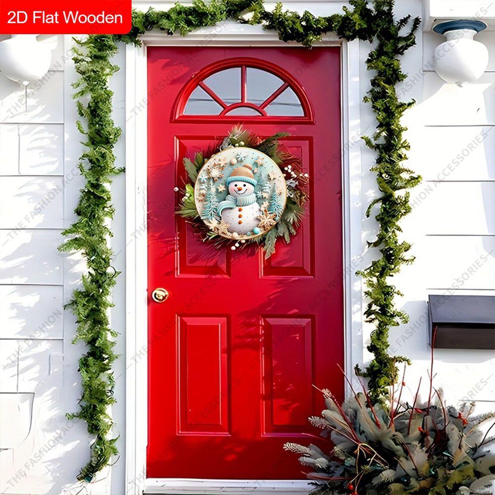 Blue Striped Snowman Snowflake Round Wooden Hanging Sign, 2D Flat Printed Christmas Wall Door Ornament, Winter Xmas Home Decor Gift