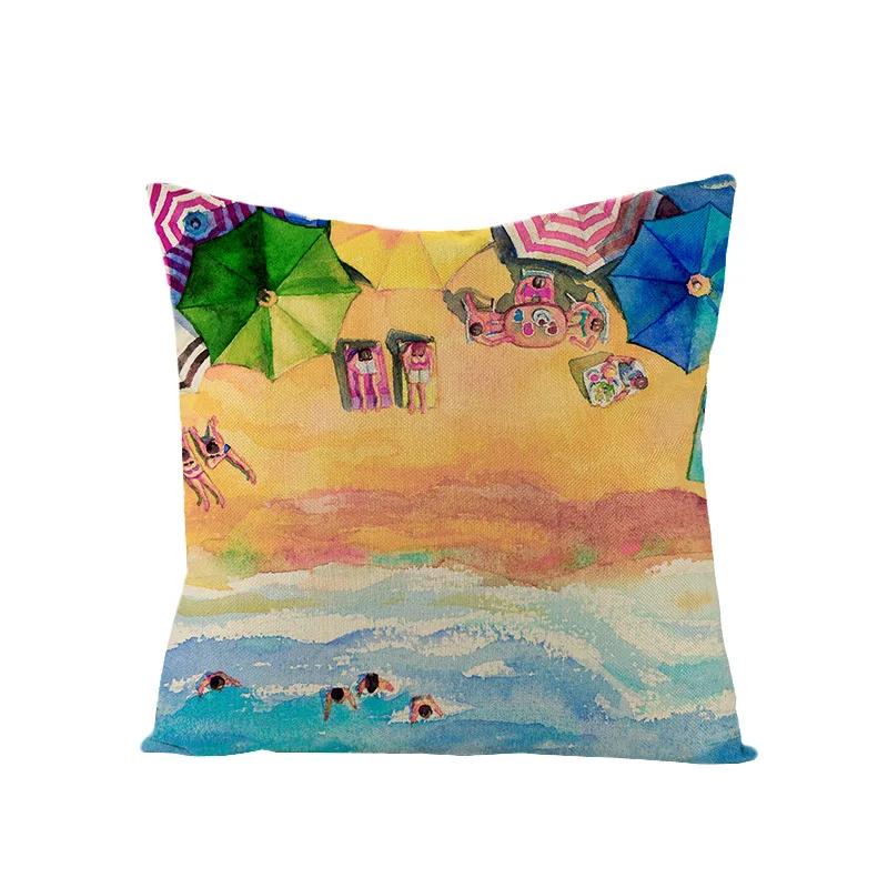 

Summer Beach Style Throw Pillowcase Blue Cushion Cover Coconut Watermelon Print Linen Pillow Covers Home Decor Pillowslip 40x40cm16x16Inch