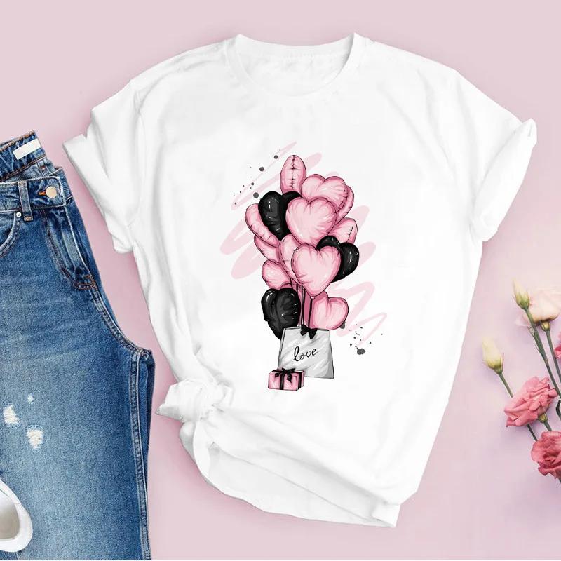 Womens White Love Balloon Butterfly Round Collar Print Tshirt Short Sleeve Graphic Dress Aesthetic Harajuku Style