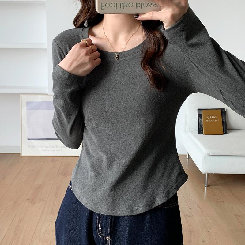 

Белая рубашка DeRong для женщин на осень и зиму, новый стиль, круглый вырез, облегающая футболка с длинными рукавами и правым плечом, облегающий верх с начесом XL