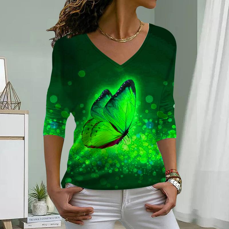 T-shirt da Donna con Stampa di Farfalle Fluorescenti Top da Donna Manica Lunga Scollo a V Pullover T-shirt da Donna