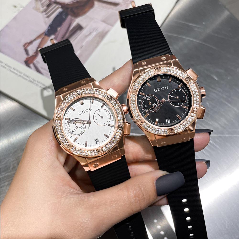 Women's Watch with Large Dial, Personalized Silicone Watch Strap, Multifunctional Trendy Rhinestone Watch with Calendar for Women