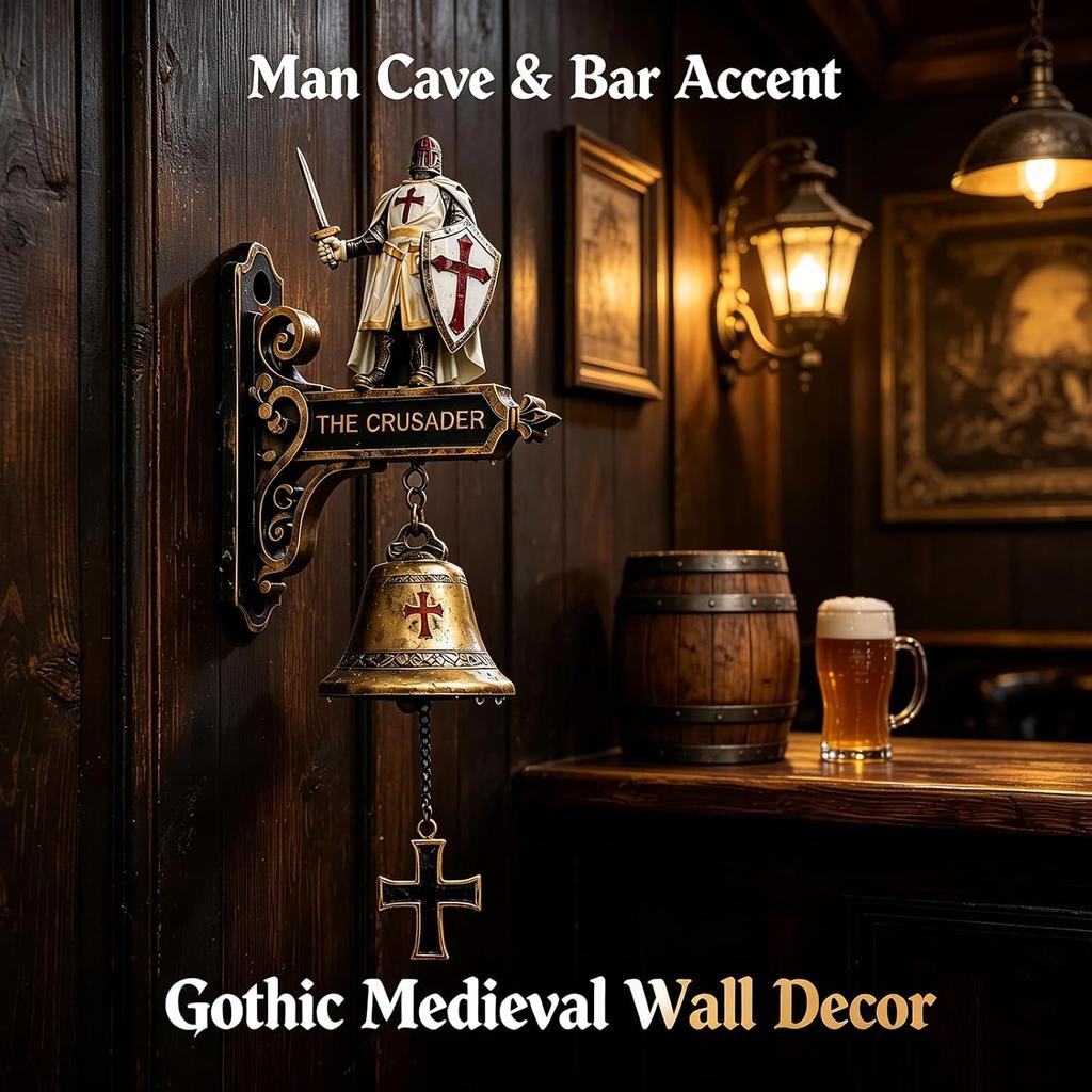 Medieval Crusader Doorbell Gothic Retro Cross Knight Decorative Entry Bell Weather Resistant Outdoor Wall Ornament for Man Cave Bar Porch Castle Home