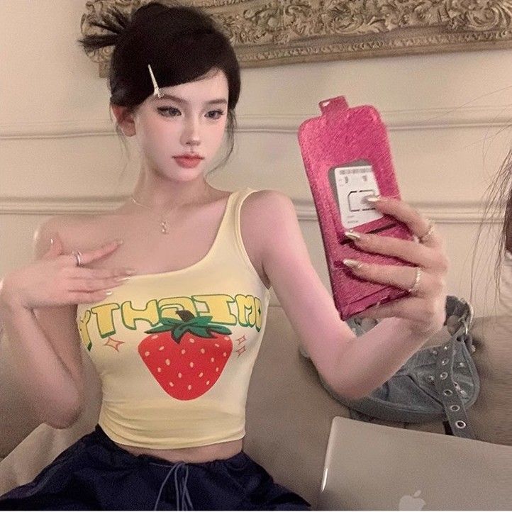 Pure Desire Sweet Hot Girl Off-shoulder Single Shoulder Suspender Vest Women Wear Tight Short Sexy Sleeveless T-shirt Top