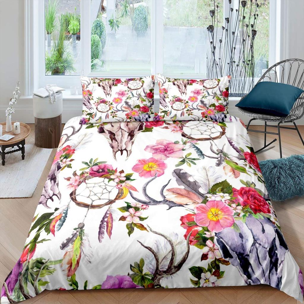 Bull Skull Duvet Cover Set Boho Chic Feather Bedding Set Bohemian Exotic Branches Flower For Teens Microfiber King Quilt Cover