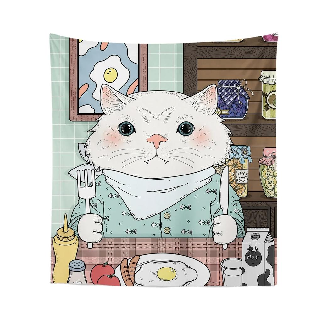 Çizgi Film Kedi Desenli Dekoratif Goblen Ev Duvarı Oturma Odası Ofis Dekoratif Goblen