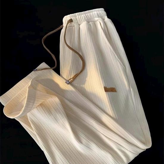 Mid-rise Elastic Waistband Men Pants Drawstring Pockets Ribbed Fast Drying Summer Ultra-thin Ice Silk Casual Trousers Streetwear