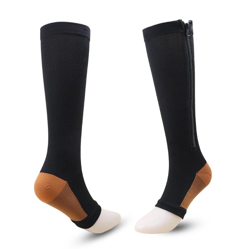 Zipper Compression Socks for Women and Men Over the Calf Knee High 15-20mmHg Open Toe Compression Stockings for Walking