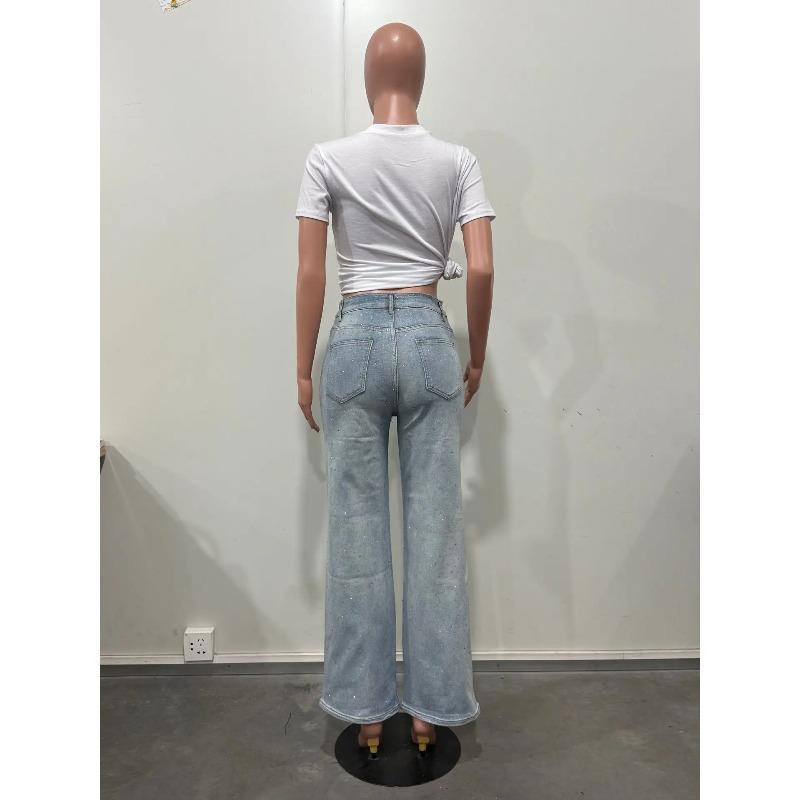 Shiny Rhinestone Jeans Pants Sexy Women High Waist Elegant Night Club Diamonds Denim Straight Trousers