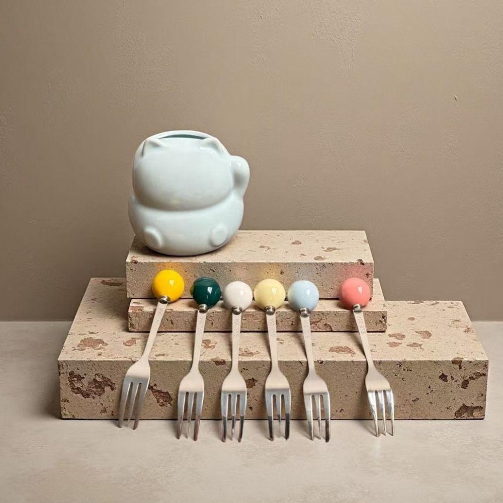 Cartoon Cat Ceramic Fruit Forks Set Ins Style Solid Color Ceramic Fruit Forks Receipt Jar Comfortable Grip Creative