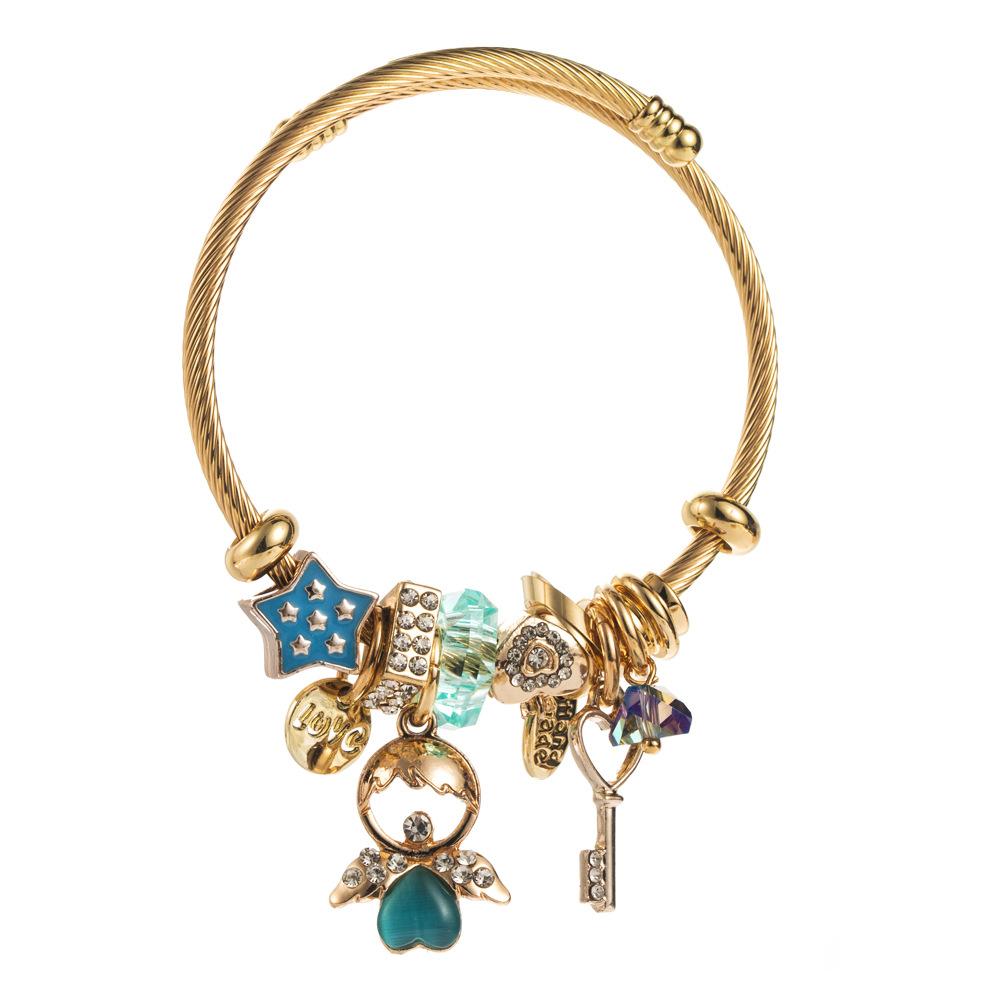 Women Rhinestone Angel Key Star Pendant Adjustable Bracelet