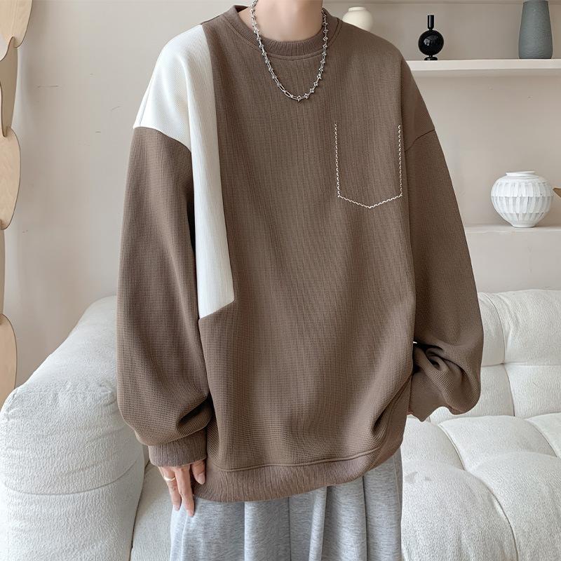 

Men s Brown Color Block Waffle Knit Sweatshirt Casual Pocket Detail Streetwear Top M чёрный