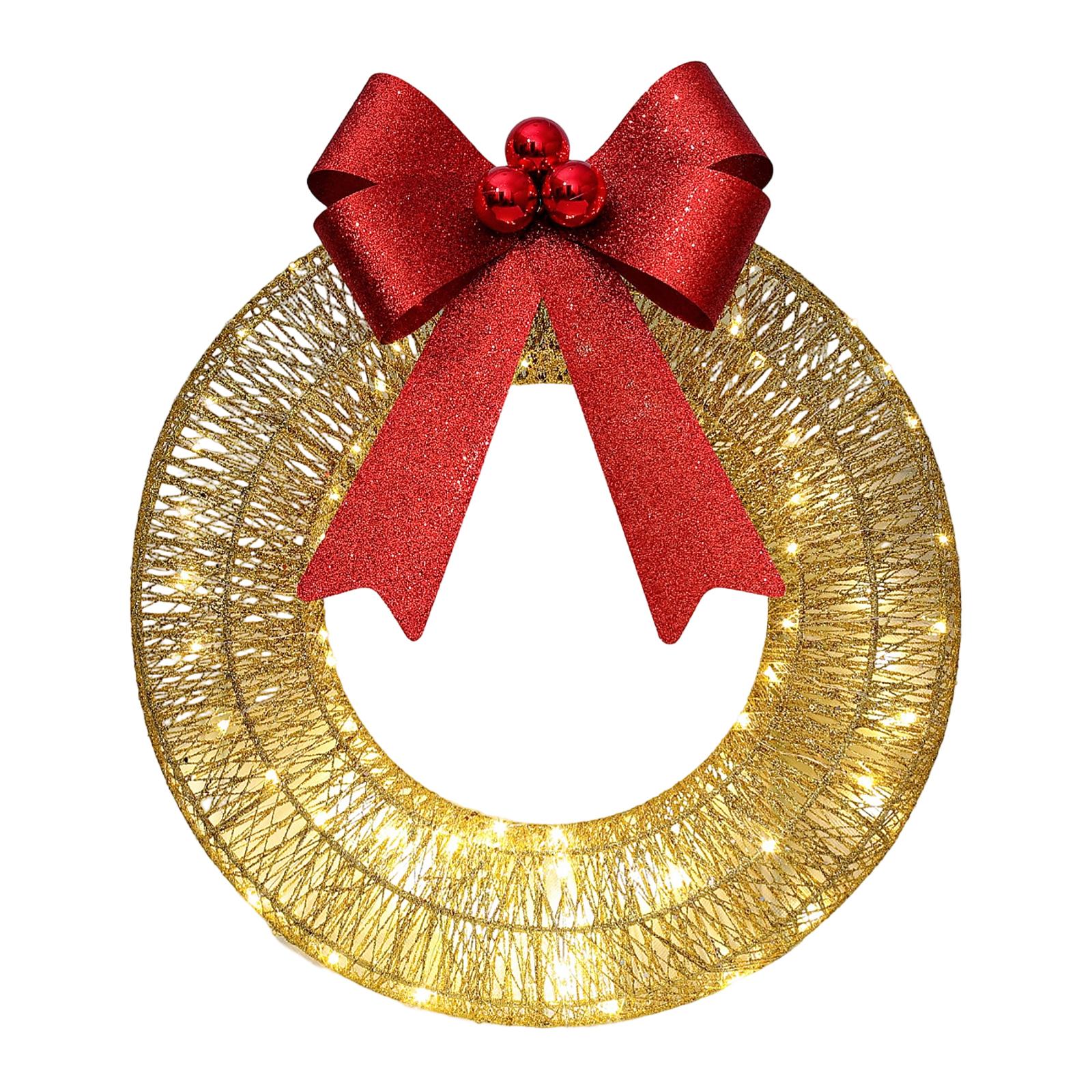 

Рождественский металлический светящийся венок со светодиодными теплыми огнями и бантом из ленты, праздничное украшение One Size золотой