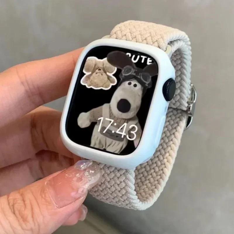 Korean Cute Braied Strap + Case For Apple Watch Band 49mm 46mm 45 44 38 42 Nylon Bracelet For iWatch Series 10 9 8 7 6 5 4 3 SE