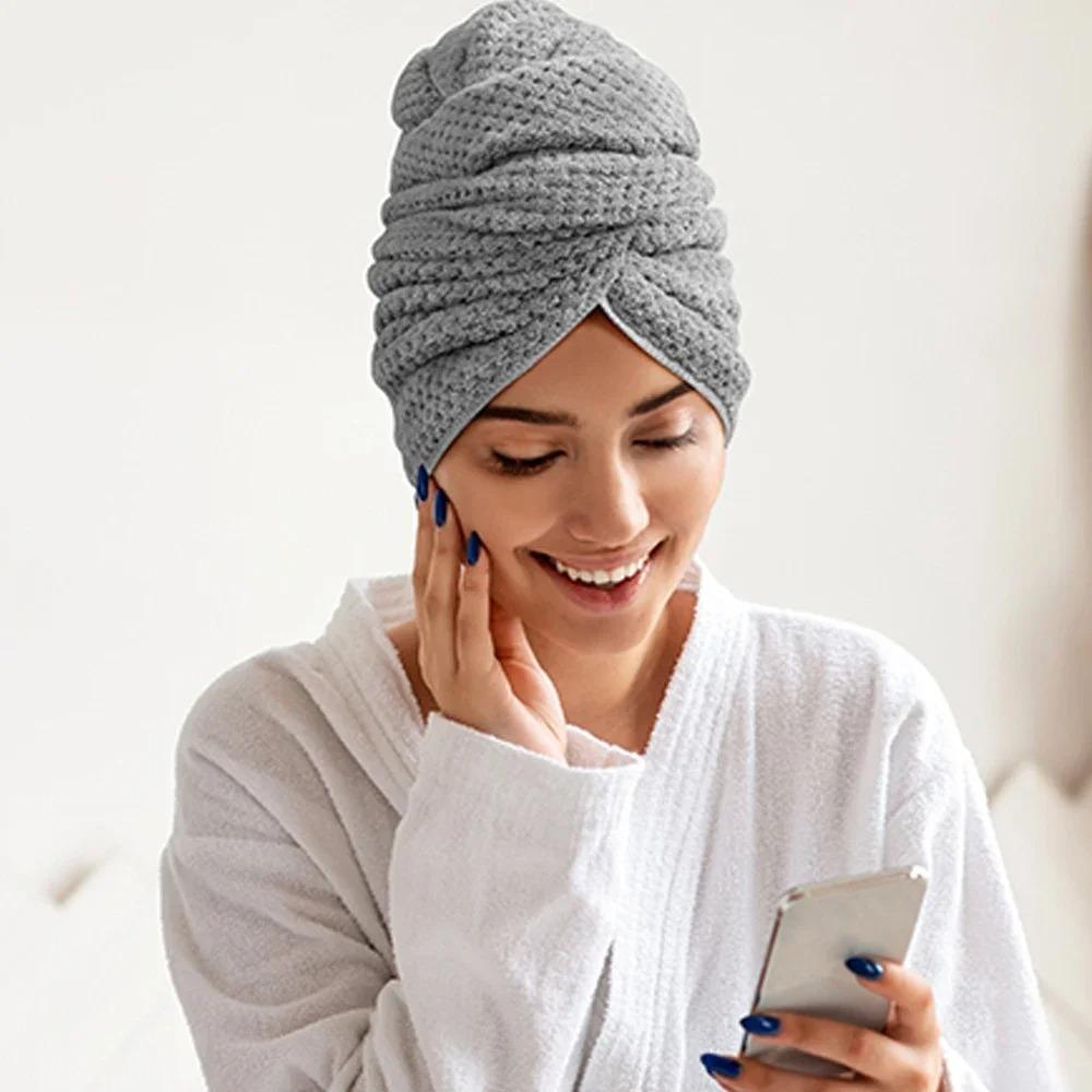 Toalha de cabelo em microfibra extra grande ultra absorvente com fecho de elástico, toalha de cabelo de secagem rápida tipo turbante