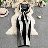 Pure Desire Sexy U-neck Sleeveless Striped Knitted Dress for Women's Summer New Waist and Thin Hip-wrapped Split-ended Long Dress