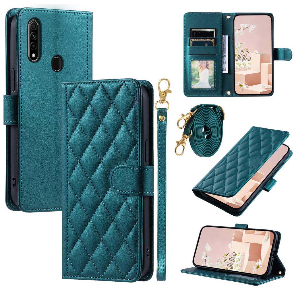 For Oppo A8/A31 (2020) Case PU Leather Rhombus Grid Phone Case with Crossbody Lanyard