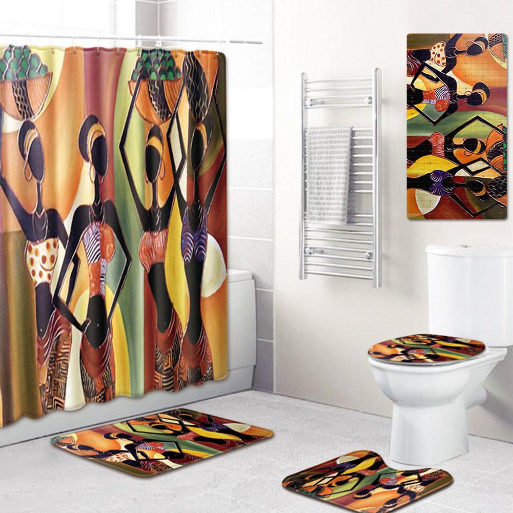 

5pcs Mats and Shower Curtain Bathroom Supplies Africa Girl Pattern Waterproof Five-piece suit