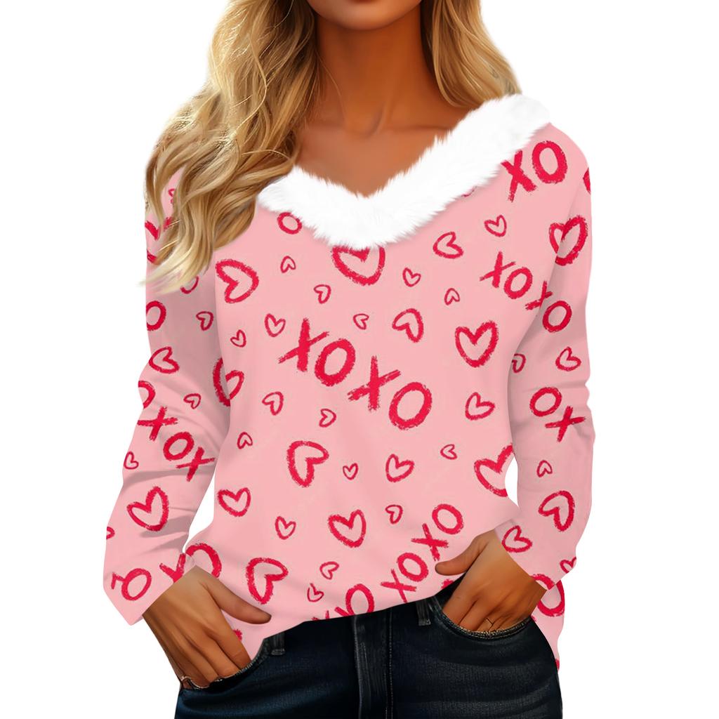 Damen Valentinstag Bedrucktes Langarmshirt, V-Ausschnitt, Lässiges Locker sitzendes T-Shirt Oberteil