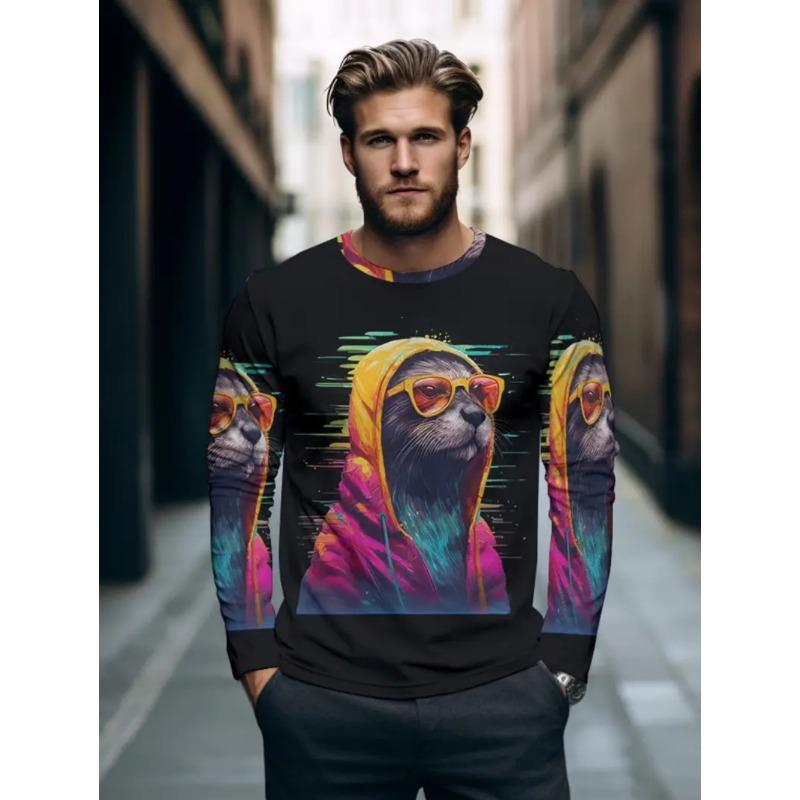 Samurai Cat T-Shirt for Men Funny Animal 3D Graphic Men's Long Sleeve Tee O-Neck Men's Clothing Japanese Anime Style Y2k Tops