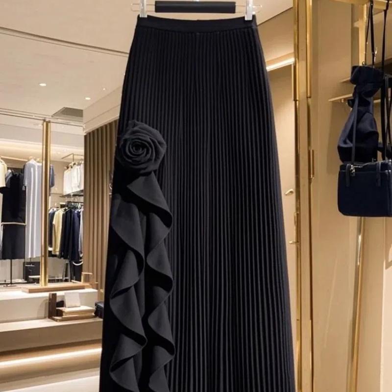 French Ruffled Irregular A-line Skirt for Women 2025 Autumn Winter New High-waisted Black Midi Skirt