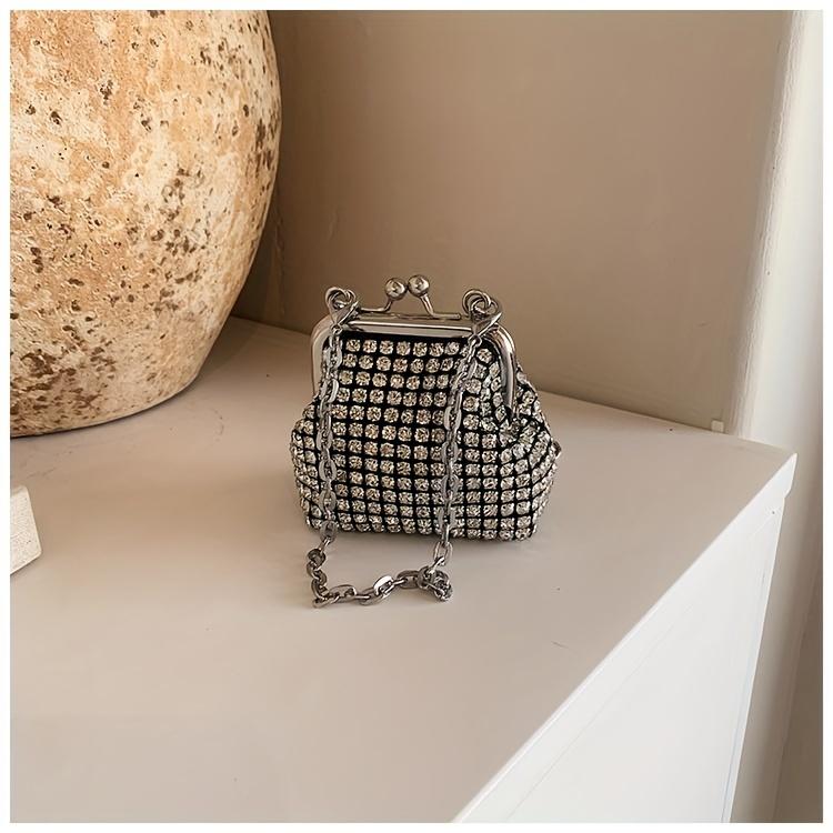 Trendy Mini Rhinestone Kiss Lock Crossbody Bag For Girls Cute Punk Evening Shoulder Purse With Detachable Metal Chain Strap Ideal For Parties Outings