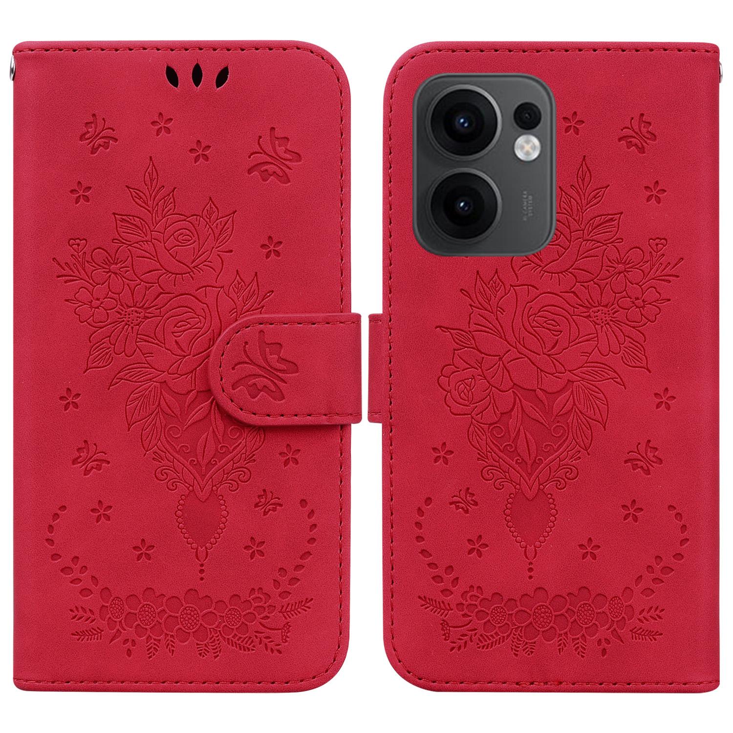 

For Oppo Reno13 F 5G Case PU Leather Wallet Phone Cover Butterfly Flower Imprint Red