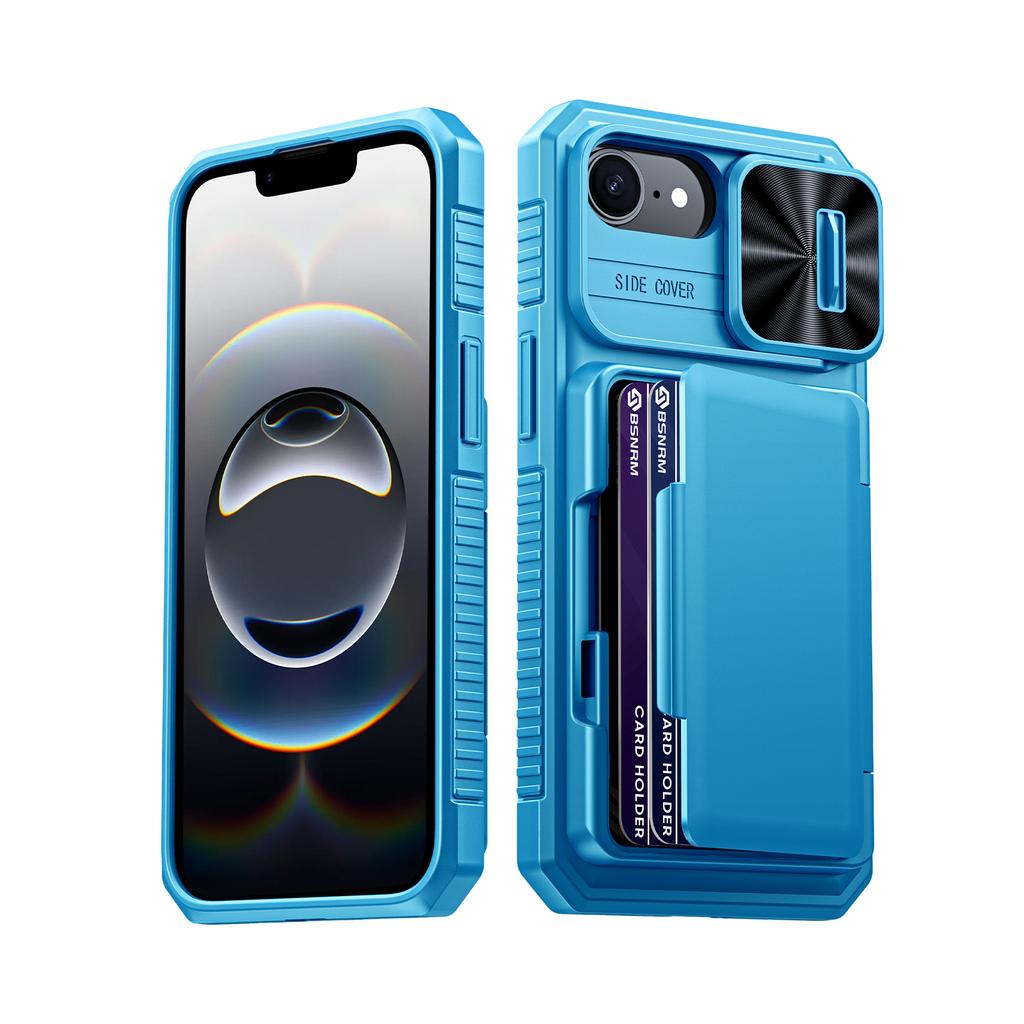 With Card Holder Sliding Camera Cover And Stand For iPhone 16E / iPhone 17E Phone Case, Anti-Fall PC+TPU Wallet Case-Purple