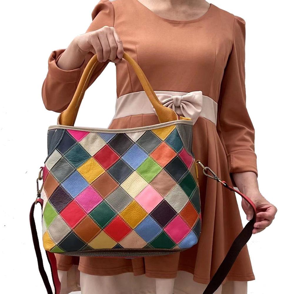 Lederhandtasche Farbiges Rindsleder Rhombus Splicing Schulter Messenger Bag Leder Plaid Bag