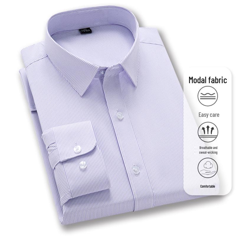 Men's Professional Striped Modal Long-Sleeve Shirt, Non-Iron, Casual Business Wear for Spring and Autumn