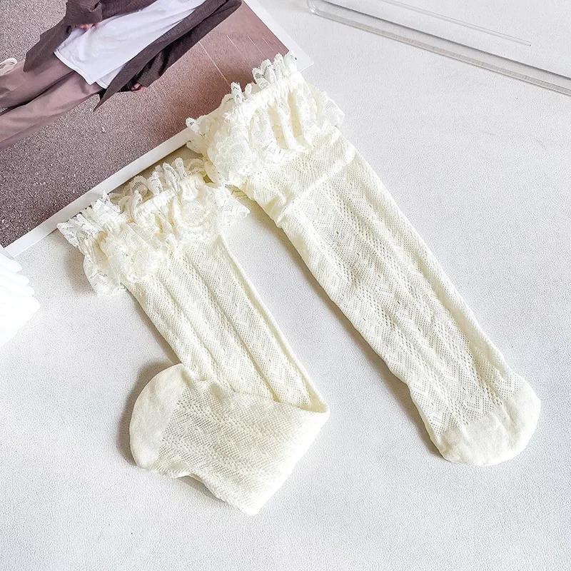 Meias JK Lolita de Renda e Malha Finas de Verão com Babados Brancas Pretas até o Joelho Longas para Meninas Crianças