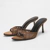 Women's Brown Satin Mules with Lace Embroidery, Pointed Toe Stiletto Heel Slide Sandals Elegant Party Wedding Shoes